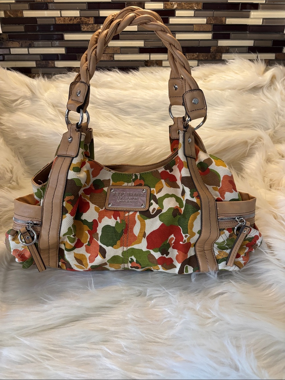 Relic Multicolor Leaf-Print Shoulder Bag with Tan Braided Handles